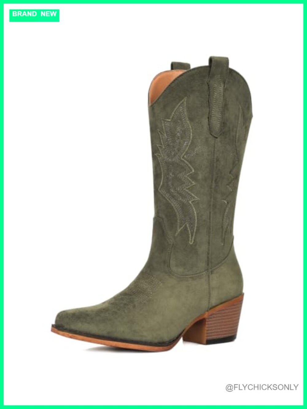 Suede Cowboy Boots Women Mid Calf Western Embroidered Side Zip Chunky Heel